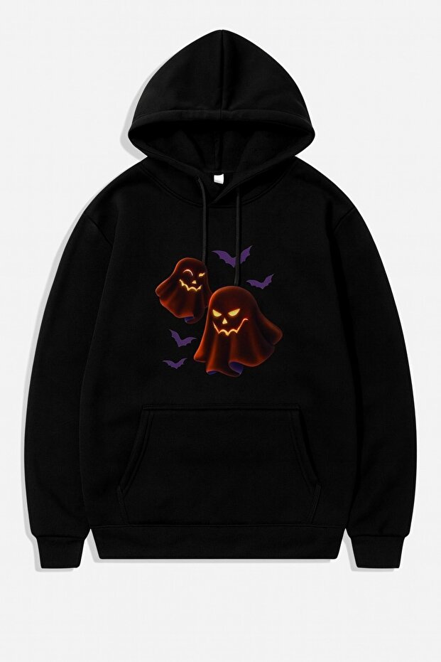 Unisex Oversize 3 Thread Yarn Kangaroo Pocket "Ghost and Bat" Printed Hooded Sweatshirt