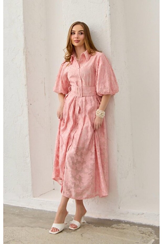 Pink Balloon Sleeve Belted Embroidered Dress