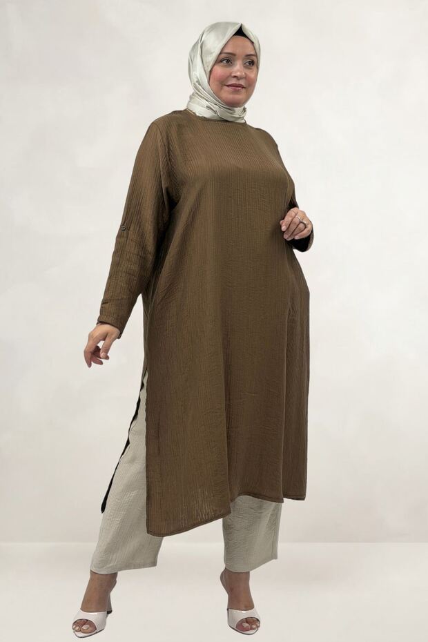 68077 Plus Size. Double Tensel Tunic with Side Slits - Tan