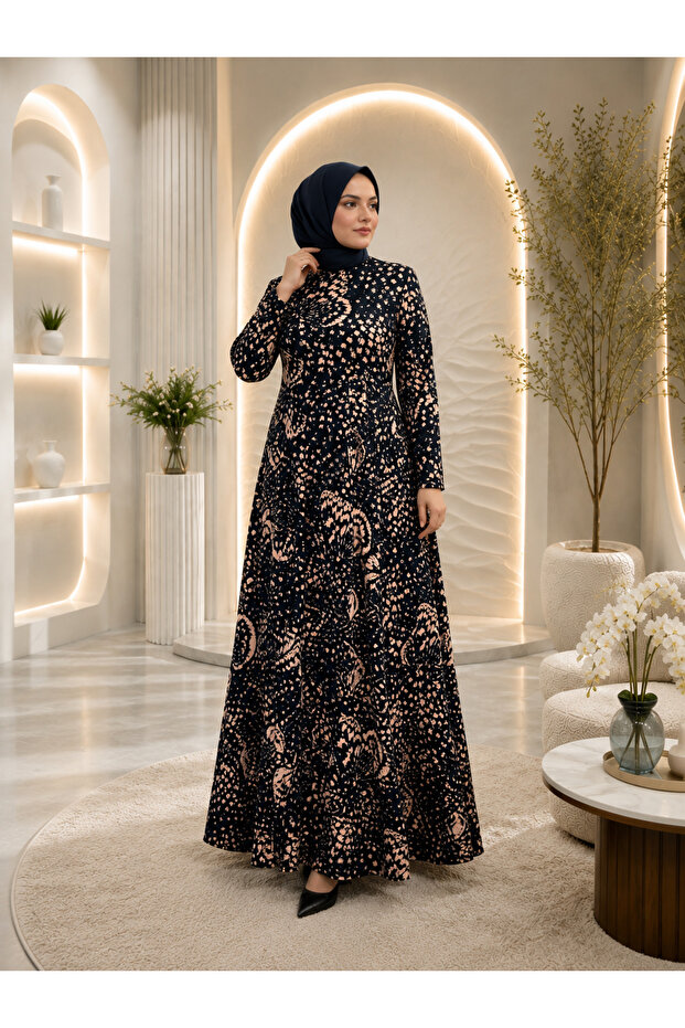 Women's New Season Butterfly Patterned A-Line Combed Cotton Dress with Hidden Pockets