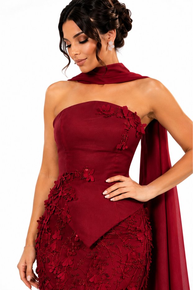 Women's Fish Cut Evening Dress Floral Embroidered Shawl Detailed Engagement Promise Wedding Guest Dress