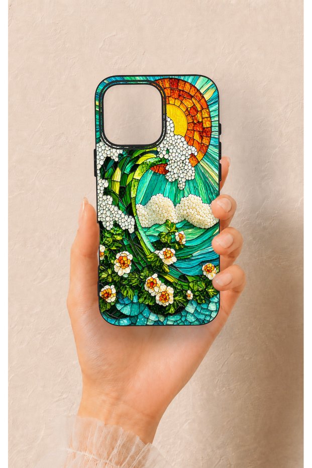 iPhone 16 Pro Max Compatible Mosaic Ocean Wave Pattern Silicone Case
