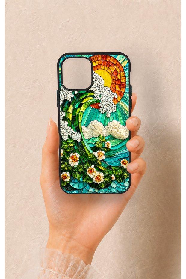 iPhone 11 Pro Compatible Mosaic Ocean Wave Pattern Silicone Case