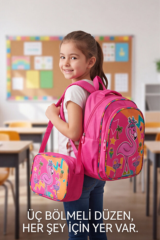 Flamingo Patterned Lunch Bag Primary School and Kindergarten Backpack Set Ergonomic Children's School Bag