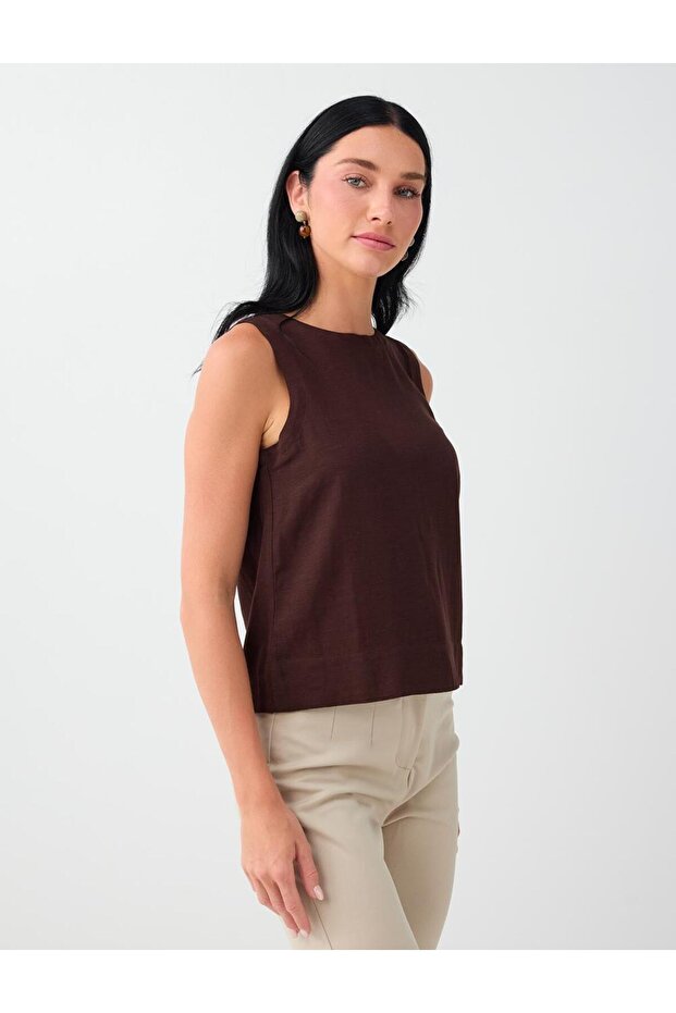 Bitter Brown Round Neck Sleeveless Linen Blend Blouse