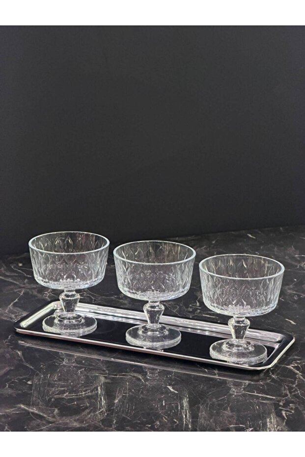 Silver Doa 3-Piece Glass Bowl Set with Tray, Breakfast, Snack, and Sauce Serving Dishes with Baton Tray, 4 Pieces