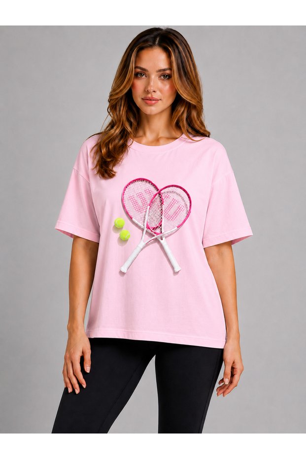 Unisex Oversize Tennis Printed T-Shirt 100% Cotton Tennis Themed Comfortable Fit Short Sleeve T-Shirt