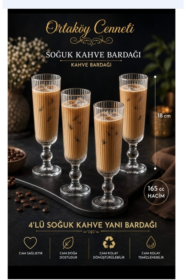 Cold Coffee Glass 4 Pieces Glass Flute Line Model 165 Cc Volume 18 cm Length Stylish Guest Presentation Glass