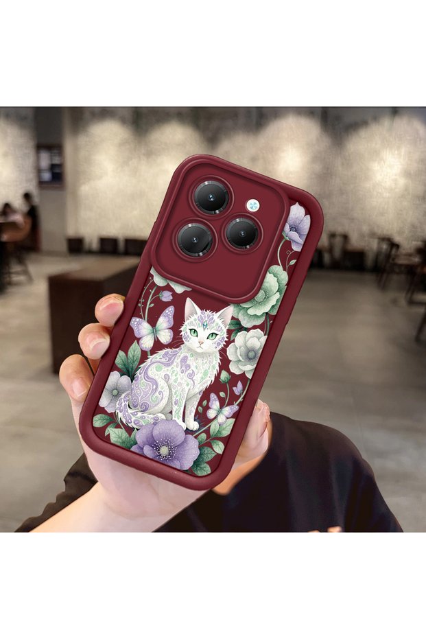 Infinix Hot 40/40 Pro Compatible Case Camera Protective Cat Case Burgundy Lover Couple Silicone Phone Case