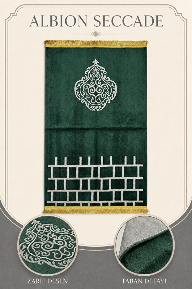 Albion Prayer Rug Velvet Soft Textured Albion Patterned Premium Prayer Mat 70X110 | Luxury Prayer Mat - Green