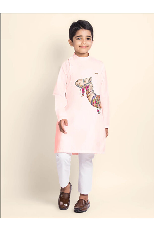 Boys Pink Cotton Kurta with Printed Design