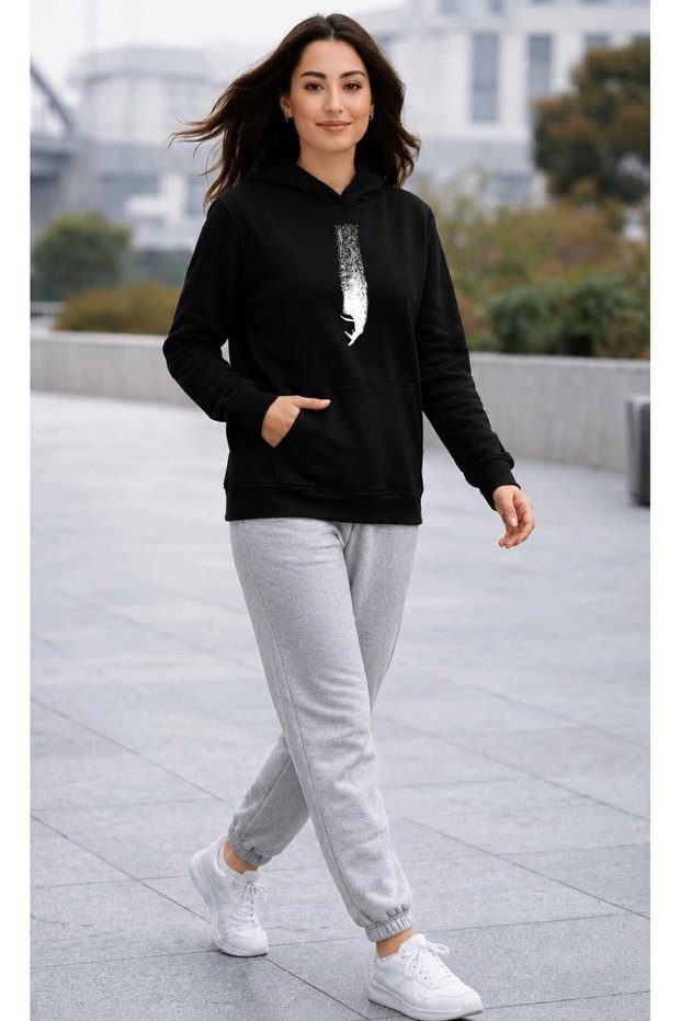 Hooded Tracksuit 2-Piece Combination Winter Shardooned Flow Mark Printed Women's / Girls' Model