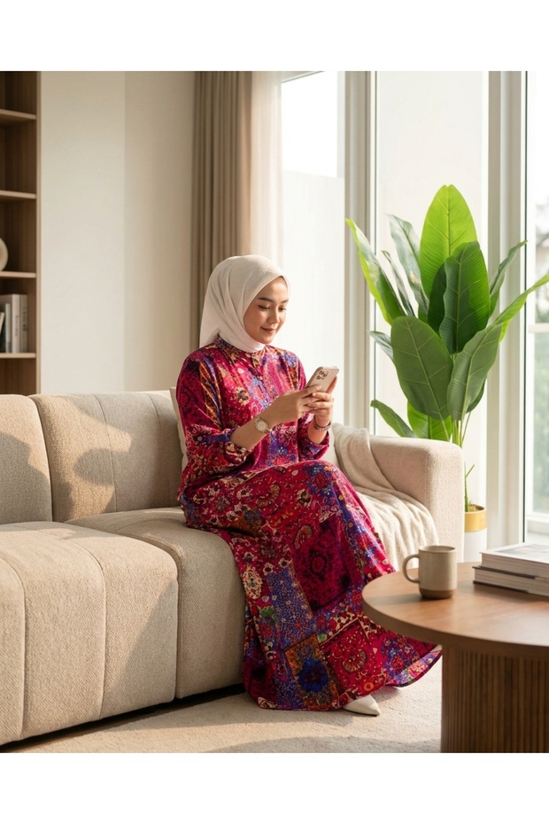 Authentic Pattern Long-Sleeved Buttoned Plus Size Viscose Dress