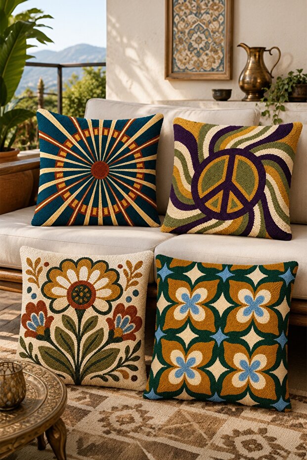 Embroidered Flowers Patterned 4-Piece Throw Pillow Cover Set