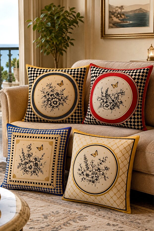 Framed Flowers Patterned 4-Piece Throw Pillow Cover Set