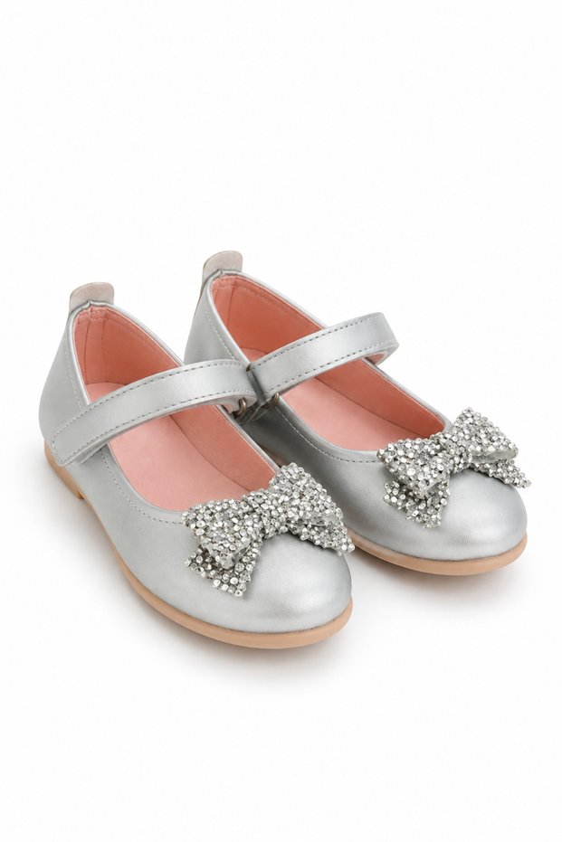 Girl's Silver Ballerina Flats with Stone Bow on the Front