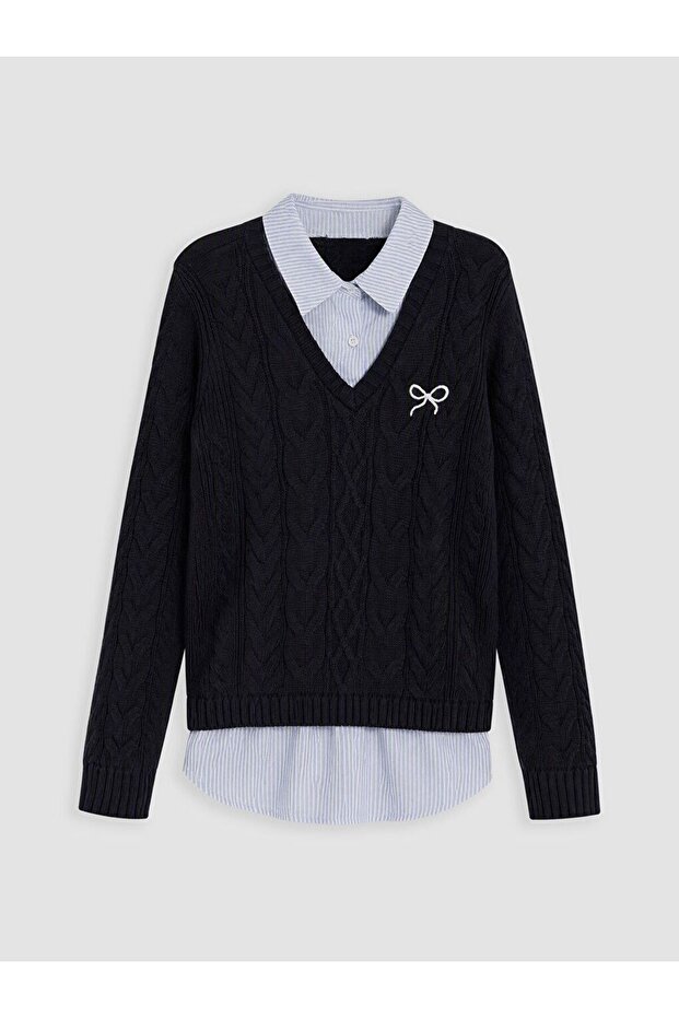 Lcw Kids Navy Blue Embroidered Shirt Collar Girls' Knit Sweater