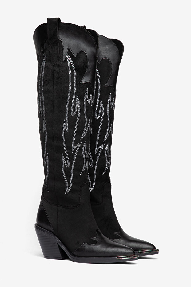 Black Matte Suede Embroidery Detail Knee-High Western Cowboy Boots