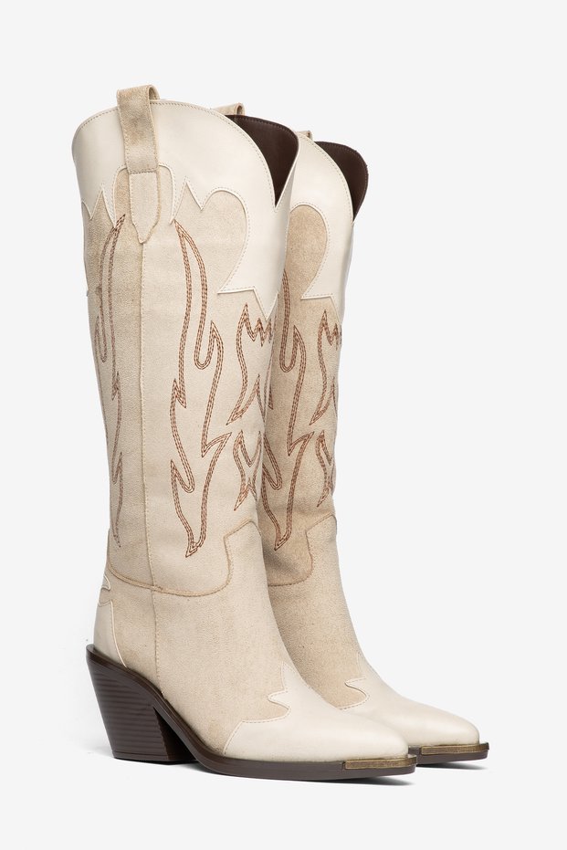 Beige Skin Cream Matte Suede Embroidery Detail Western Cowboy Boots