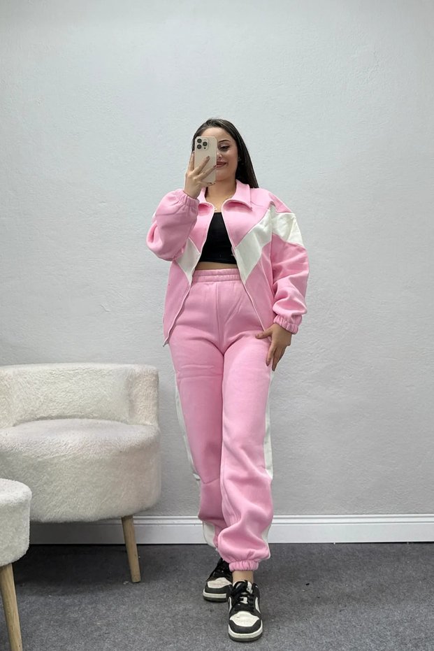 Women's 3 Thread Compact Zippered Tracksuit Set Pinkecru
