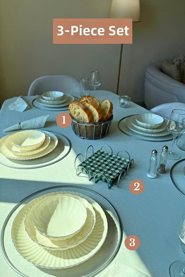 Set of 3 Matte Silver 6-Piece Supla Square Napkin Holder Oval Corner Bread Basket Beige Kitchen Set