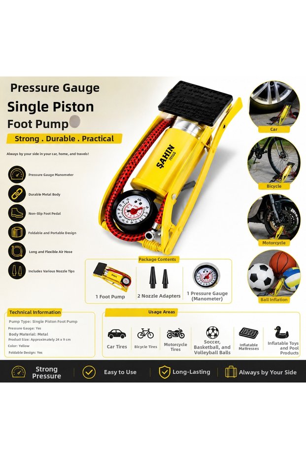 Single Piston Foot Pump with Pressure Gauge – Automobile, Bicycle, Motorcycle, and Ball Inflator Pump