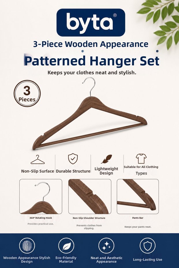 Set of 3 Wooden Look Patterned Clothes Hangers 44 cm Non-Slip Trouser Rods Clothes Hanger with Anti-Slip Pants Rods