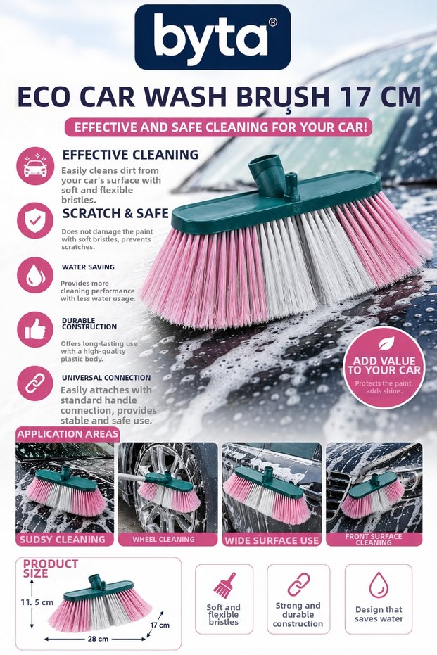 Eco 17 cm Car Wash Brush Soft Bristled Non-Scratch Brush for Vehicle, Body, Glass and Wheel Cleaning Without Handle 1 Piece Supplied in Assorted Colors