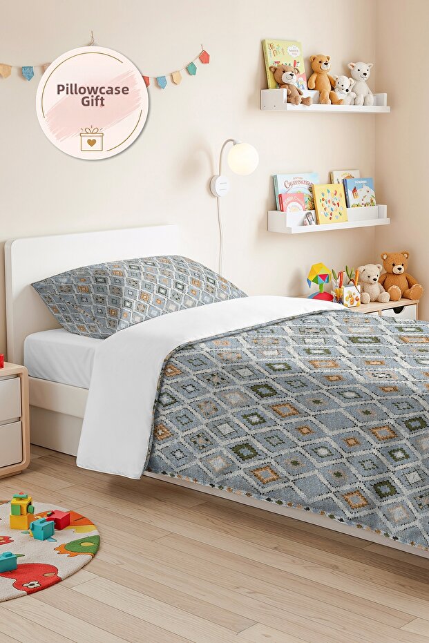 Blue Geometric Youth Room Single Pique Set - Modern Beige Khaki 160X220 cm Quilted Bedspread