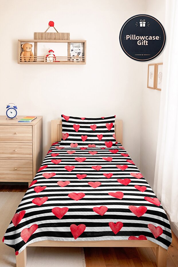 Striped Heart Black Teen Room Single Pique Set-Modern Red 160X220Cm Quilted Bedspread