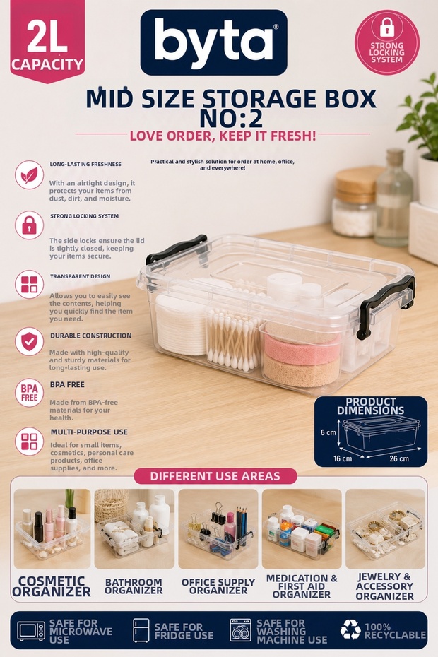 2 L Multi-Purpose Storage Container with Lockable Lid Transparent Plastic Organizer Box
