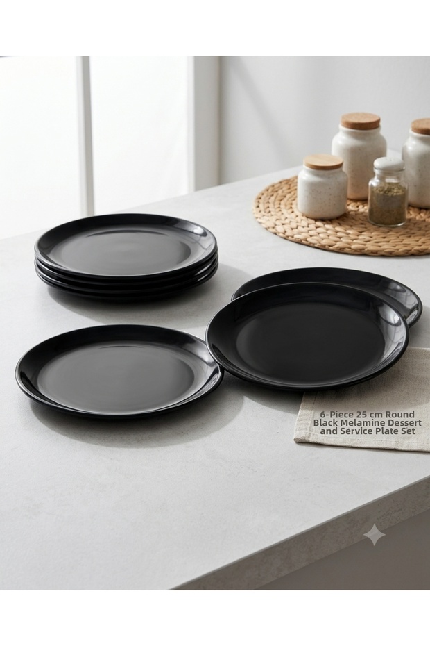 6-Piece Black Melamine Serving Plate Set - 25 cm Luxury Breakfast, Appetizer, and Dessert Plate