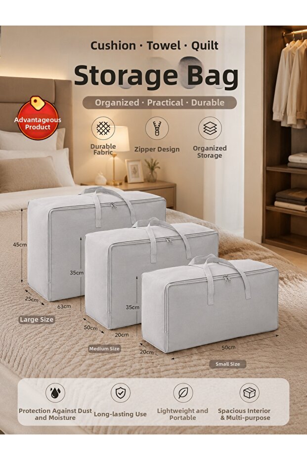 3-Piece Pillow, Quilt, Blanket Set | 3 Size Zippered Cabinet Organizer Storage Container Gray