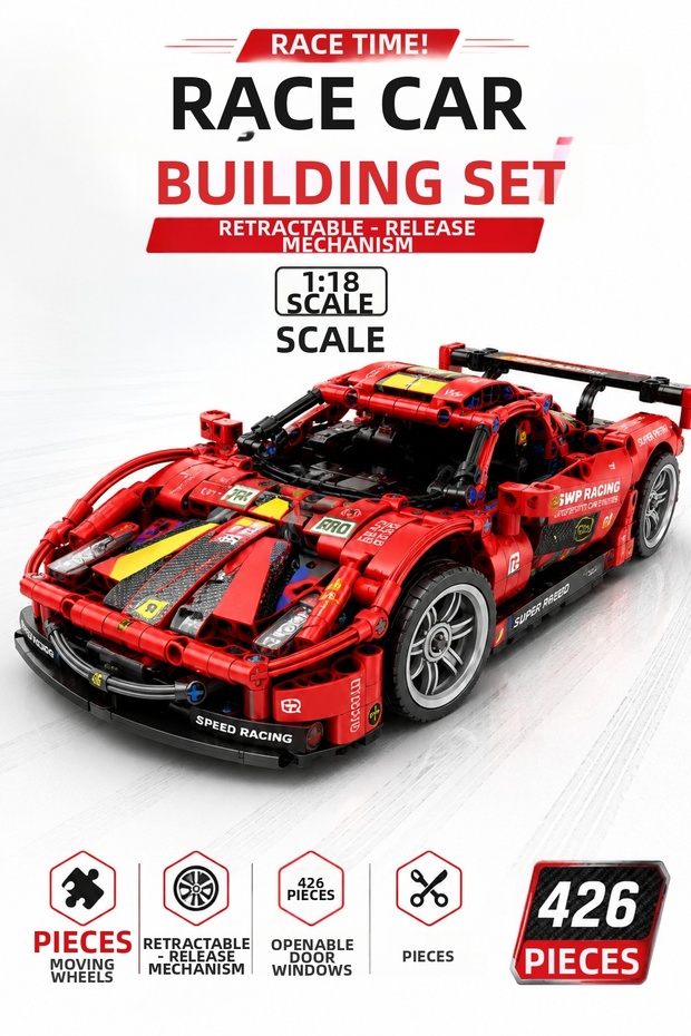 426 Pieces Race Car Building Set 1:18 Scale Pull Back and Release Mechanism Educational Block Toy Car Ages 6+ Legosu