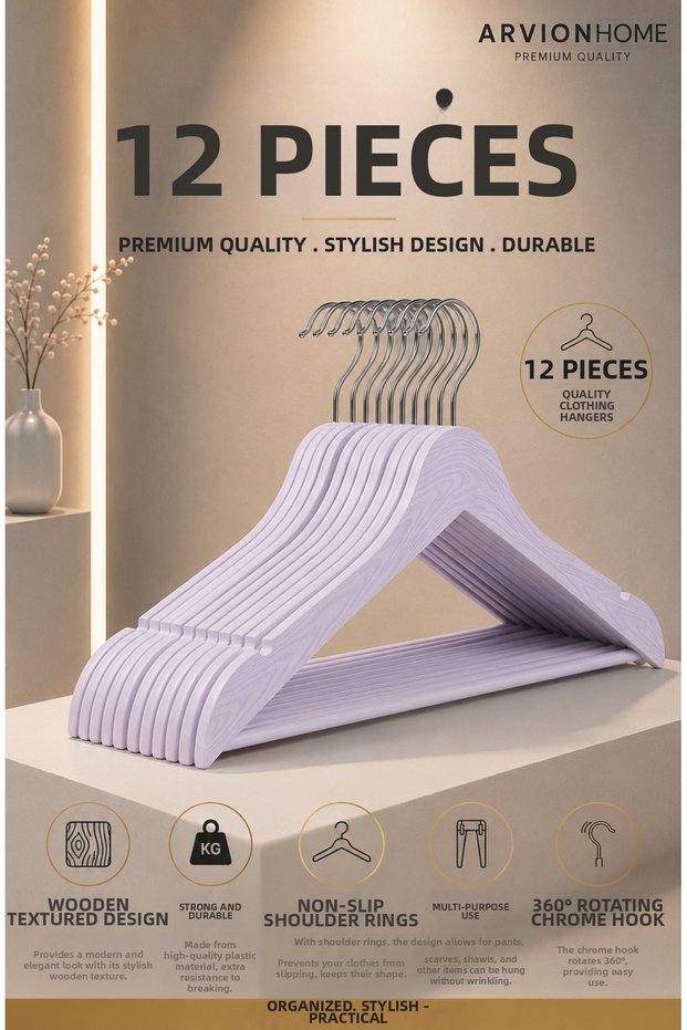 12 Pieces - Light Lilac Wood Look Plastic a Quality Hanger for Clothes, Shirts, and Dresses