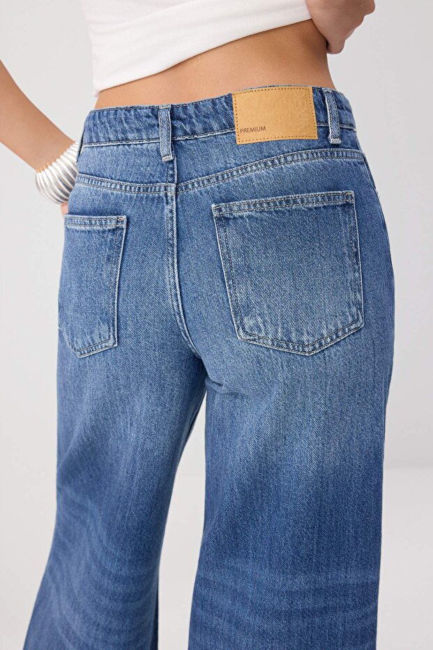 Premium Orta Mavi Özel Kumaş DÖKÜMLÜ Yüksek Bel %100 Pamuk Wide Leg Jeans TWOSS26JE00136 - 3