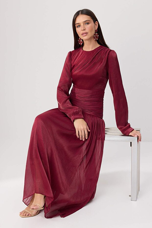 Bordo Belde Drapeli Parlak Kumaşlı Dokuma Abiye TCTSS26DB00003 - 2