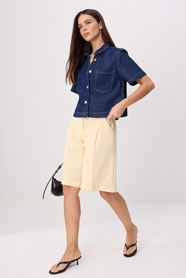 Lacivert Tencel Karışımlı Kısa Kol Düğme Detaylı Denim Gömlek TWOSS26GO00193 - 2