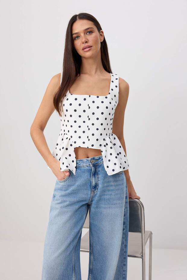 Beyaz Puantiyeli Peplum Detaylı Dokuma Alt&Üst Bluz TWOSS26BZ00886 - 1