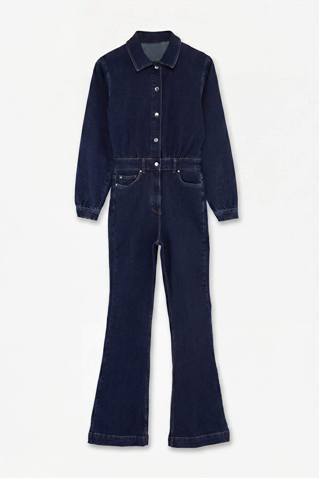 Limited Edition Koyu Mavi Uzun Kollu Geniş Paça Az Esnek Denim Tulum TWOSS26TU00002 - 3
