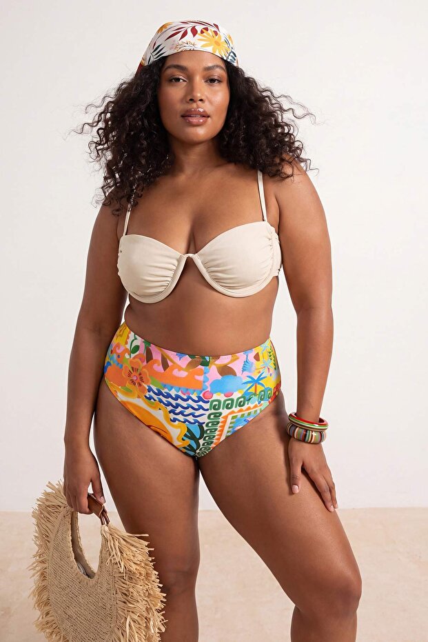 Tropical Desenli Yüksek Bel Büyük Beden Bikini Altı TBBSS26CR00024 - 2