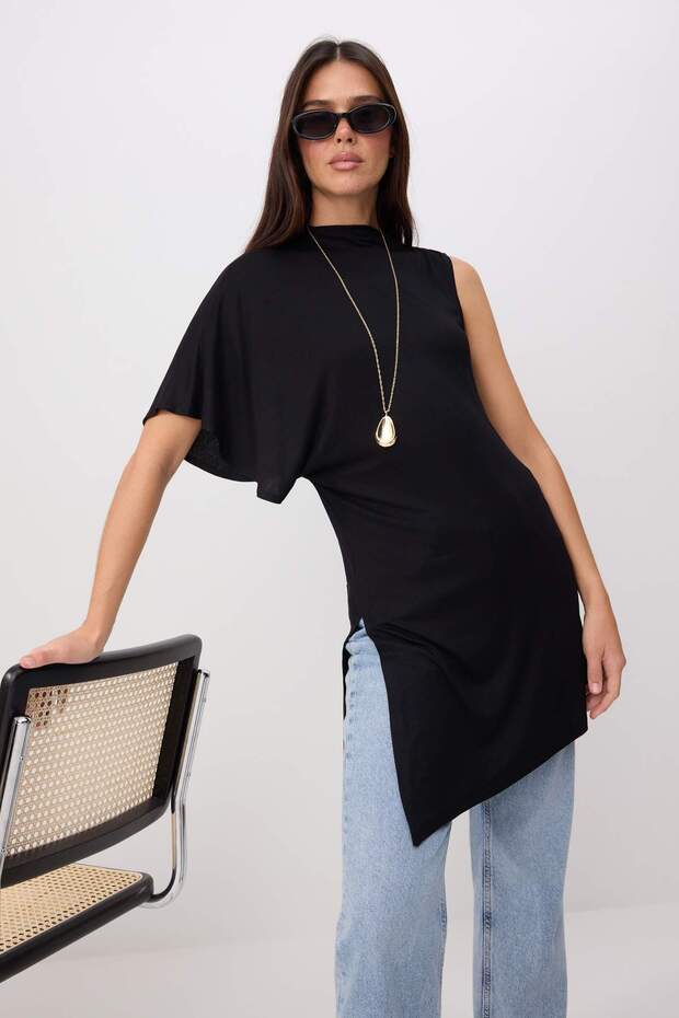 Siyah Regular/Normal Kalıp Dik Yaka Yarasa Kol Kısa Kollu Maxi Yumuşak Örme Bluz TWOSS26BZ00745