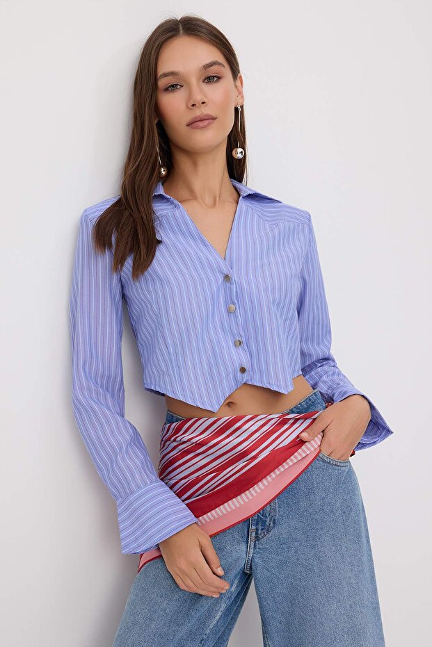 Mavi-Çok Renkli Çizgili Mini Ekoseli Fitted Crop Gömlek TWOSS26GO00150 - 2