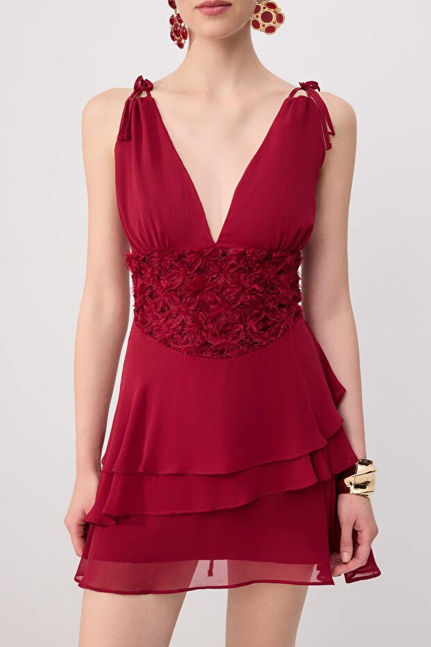 Prom Bordo Dantel Korse Detaylı Kısa / Mini Elbise TPRSS26EL00181 - 3