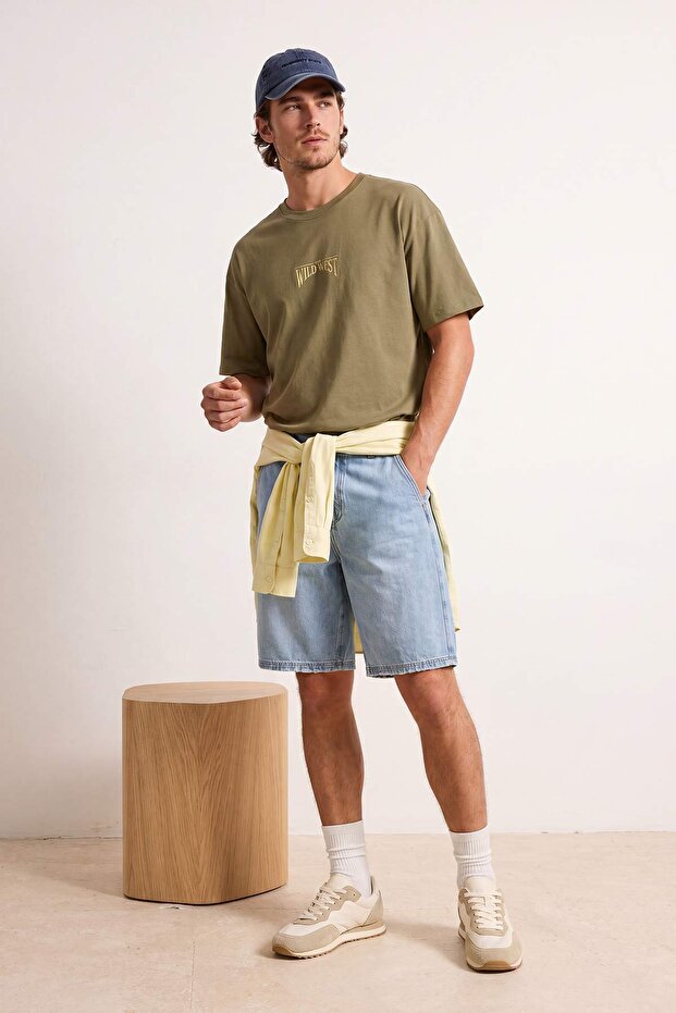 Haki Oversize/Geniş Kesim %100 Pamuklu Sırt Baskılı T-Shirt TMNSS24TS00003 - 2