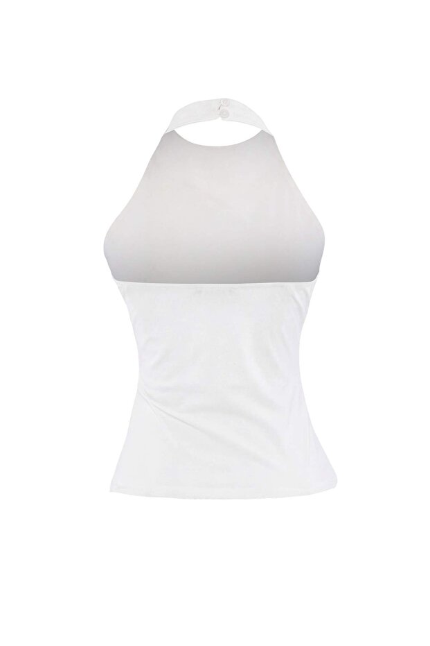 Teen Ekru Fitted/Vücuda Oturan Boyundan Bağlamalı Büzgülü Paper Touch Örme Bluz TWOSS26BZ00274 - 3