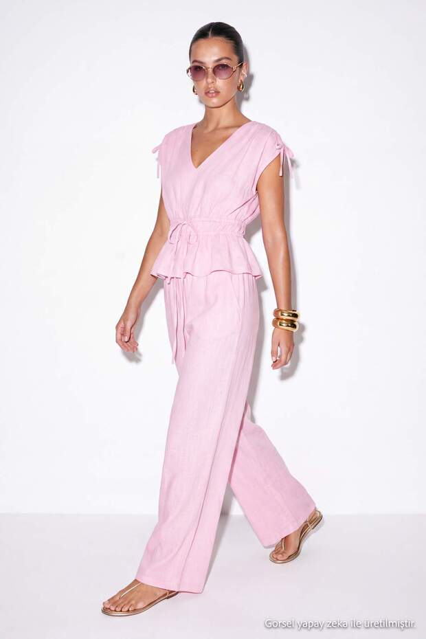 Pink Elastic Waist Gathered Shoulder Lace-Up Blouse Trousers Set Tdrss26Au00093