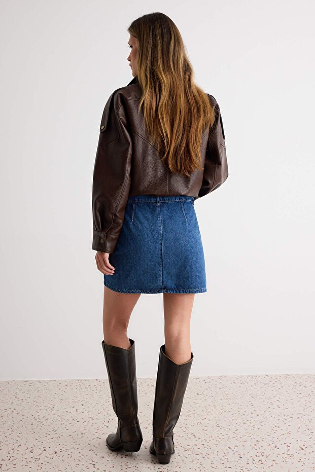 Koyu Mavi More Sustainable Yüksek Bel Mini Denim Şort Etek TWOSS25SR00079 - 4