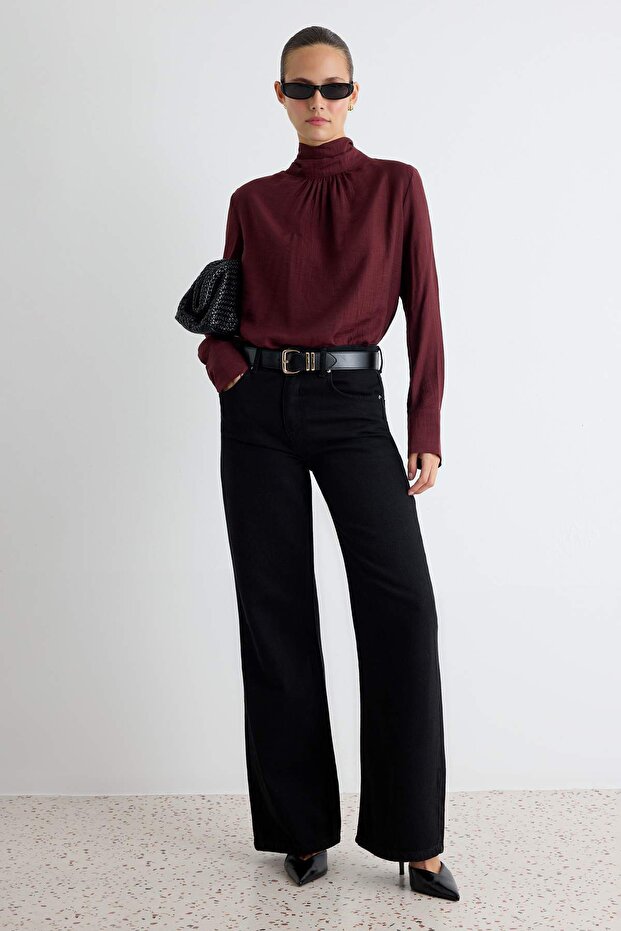 Premium Siyah Tencel Karışımlı Normal Bel Wide Leg Geniş Paça Jeans TWOAW27JE00064