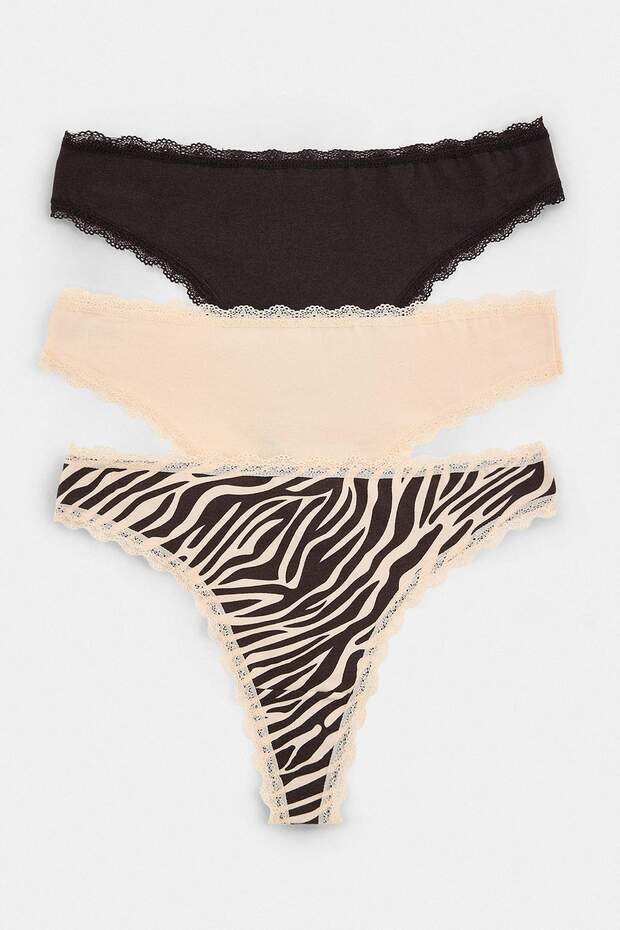 Brown-Multicolor 3-Piece Cotton Blend Plain-Zebra Patterned Lace Detailed Thong Panties Thmaw27Ku00025